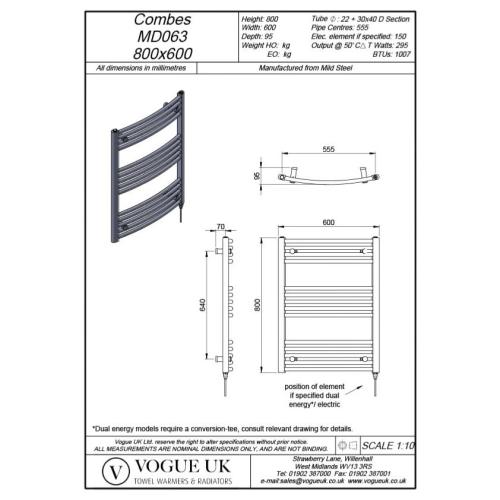 Vogue Combes 800 x 600mm Curved Ladder Towel Rail Heating Only Chrome 1007BTU MD063 MS08060CP
